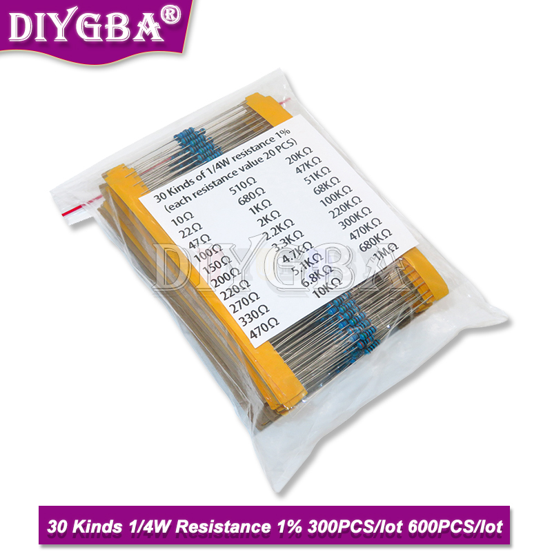 Resistor Kit 1 4W - 抵抗1% 金属皮膜抵抗パック、各種キット30種類、1k、10k、100k、220オーム、1m抵抗、300個、600個セット、1 4w