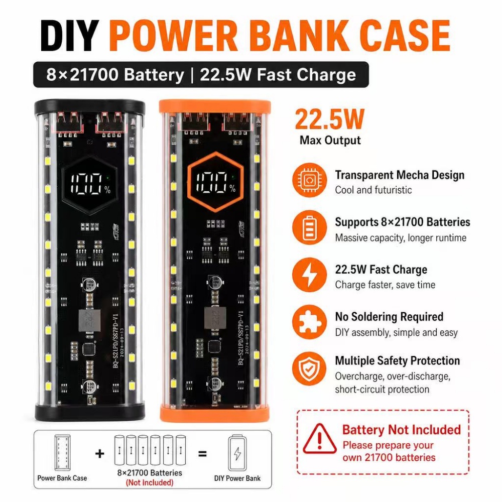 Diy Electronics Hobby - 8*21700 バッテリーケース 22.5W 急速充電 DIY バッテリー収納ボックス