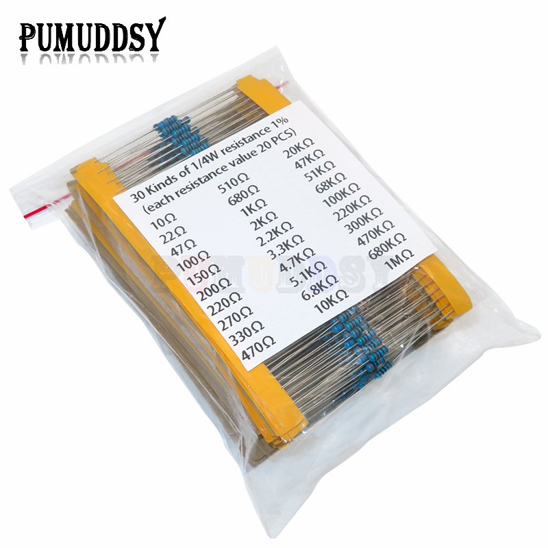 600 ピース/セット 30 種類 1/4 ワット抵抗 1% - Resistor Kit 1 4W のレビューと価格